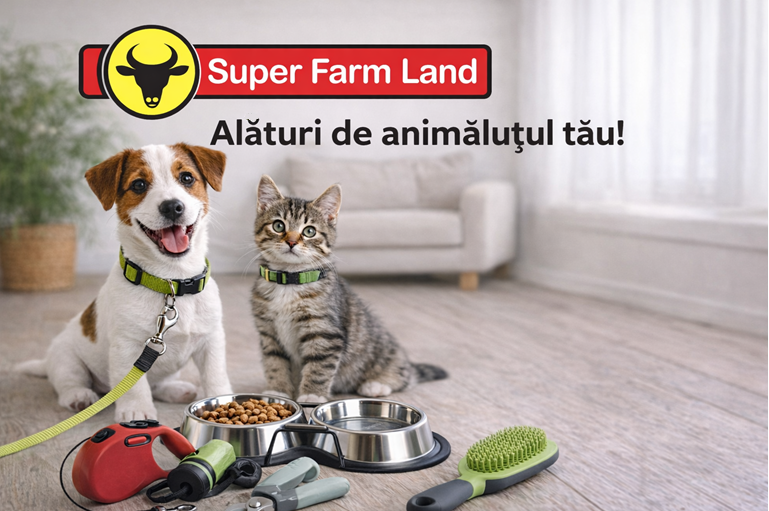 Caine si pisica langa produse de ingrijire, castron, perie, cleste si logo-ul Super Farm Land