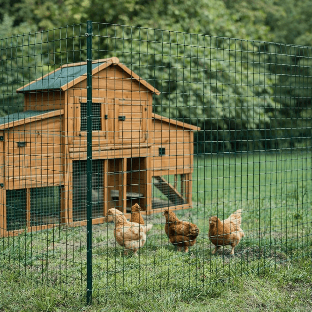 Doua example de cotet, împrejumite cu panouri de gard bordurat verde, respectiv plasă rabitz