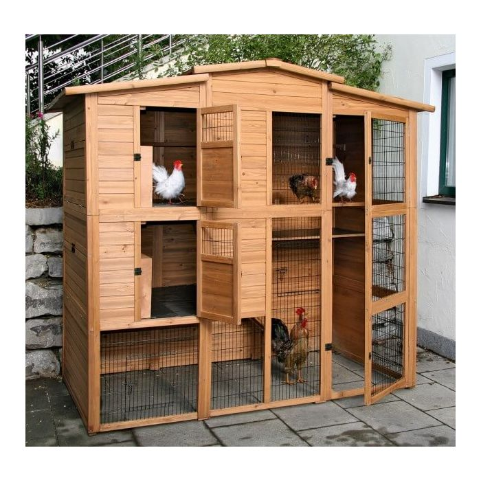 Coteț pentru găini realizat din lemn lăcuit, cu 6 uși, 3 cuiburi și acoperiș de bitum rezistent